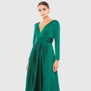 Ieena for Mac Duggal Green Plunge Neck Satin A-Line Dress